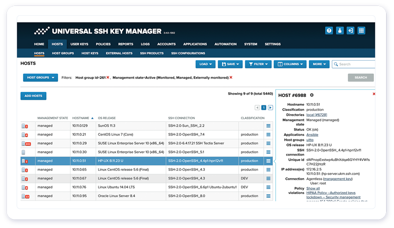 UKM hosts list view - UI